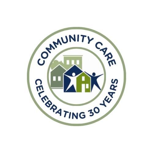 A circular logo featuring stylized houses and figures with the text