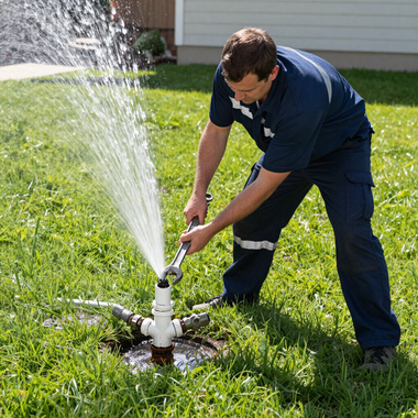 Worker adjusting a sprinkler on a green lawn as water sprays outward
