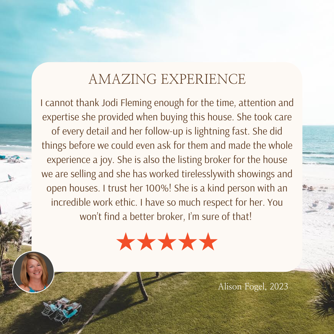 Review of Jodi's services from a previous client. The review is centred with a cream background and beach image behind that.