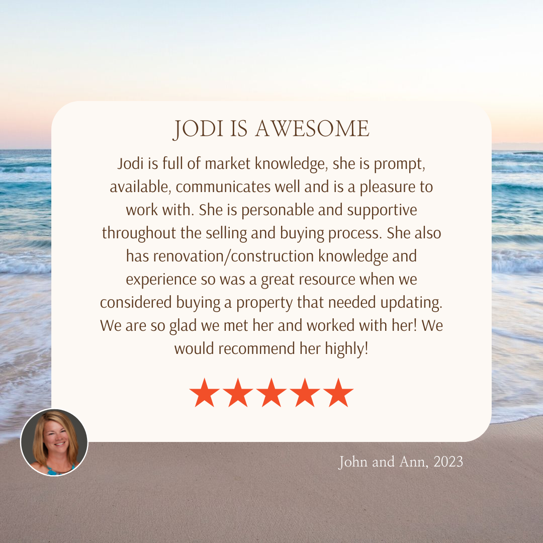 Review of Jodi's services from a previous client. The review is centred with a cream background and beach image behind that.