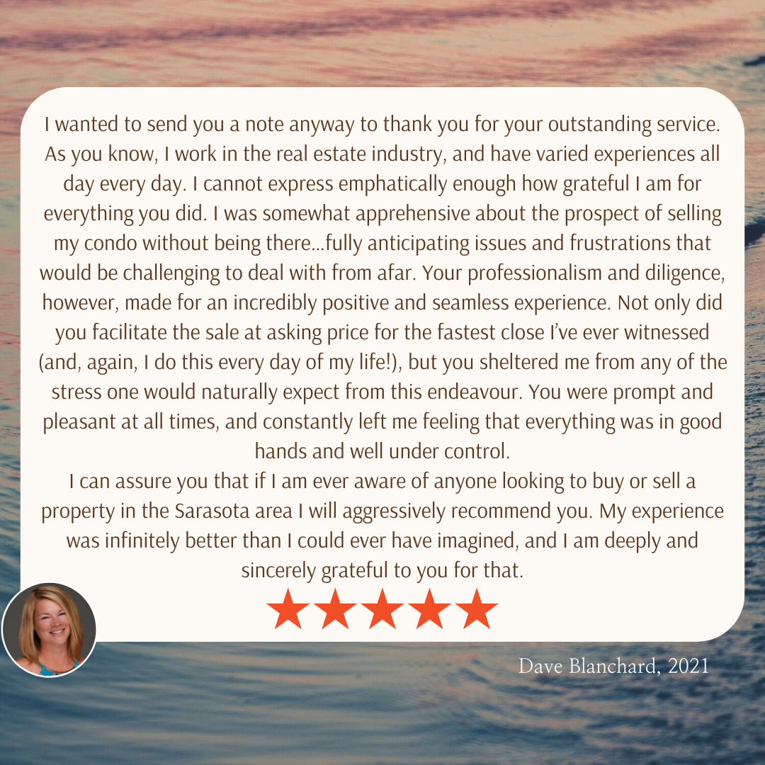 Review of Jodi's services from a previous client. The review is centred with a cream background and beach image behind that.