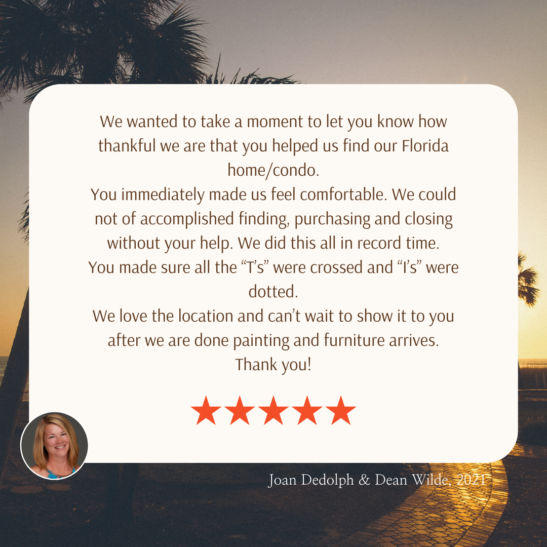 Review of Jodi's services from a previous client. The review is centred with a cream background and beach image behind that.