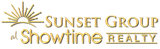 Sunset Realty Logo. Orange outline of a sun on top of navy words Sunset Realty Florida