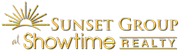 Sunset Realty Logo. Orange outline of a sun on top of navy words Sunset Realty Florida