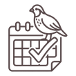 Bird perched on a calendar with a checkmark icon, outlined in brown line art.