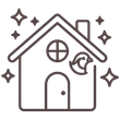 Line-art house with window, moon, and sparkles, suggesting a cozy nighttime home icon