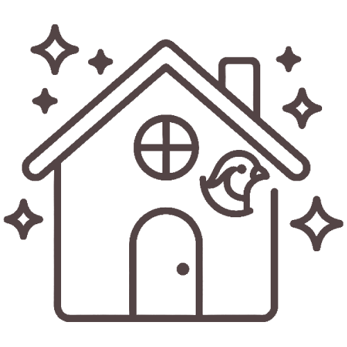 Simple line icon of a house with stars and a moon by the window, suggesting a cozy night scene