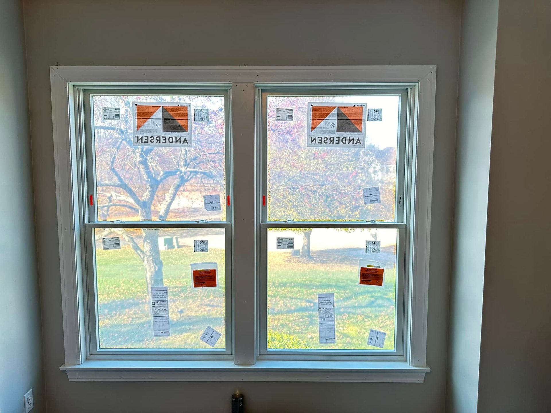 Two double-hung windows with white trim, view of a tree and grass outside.