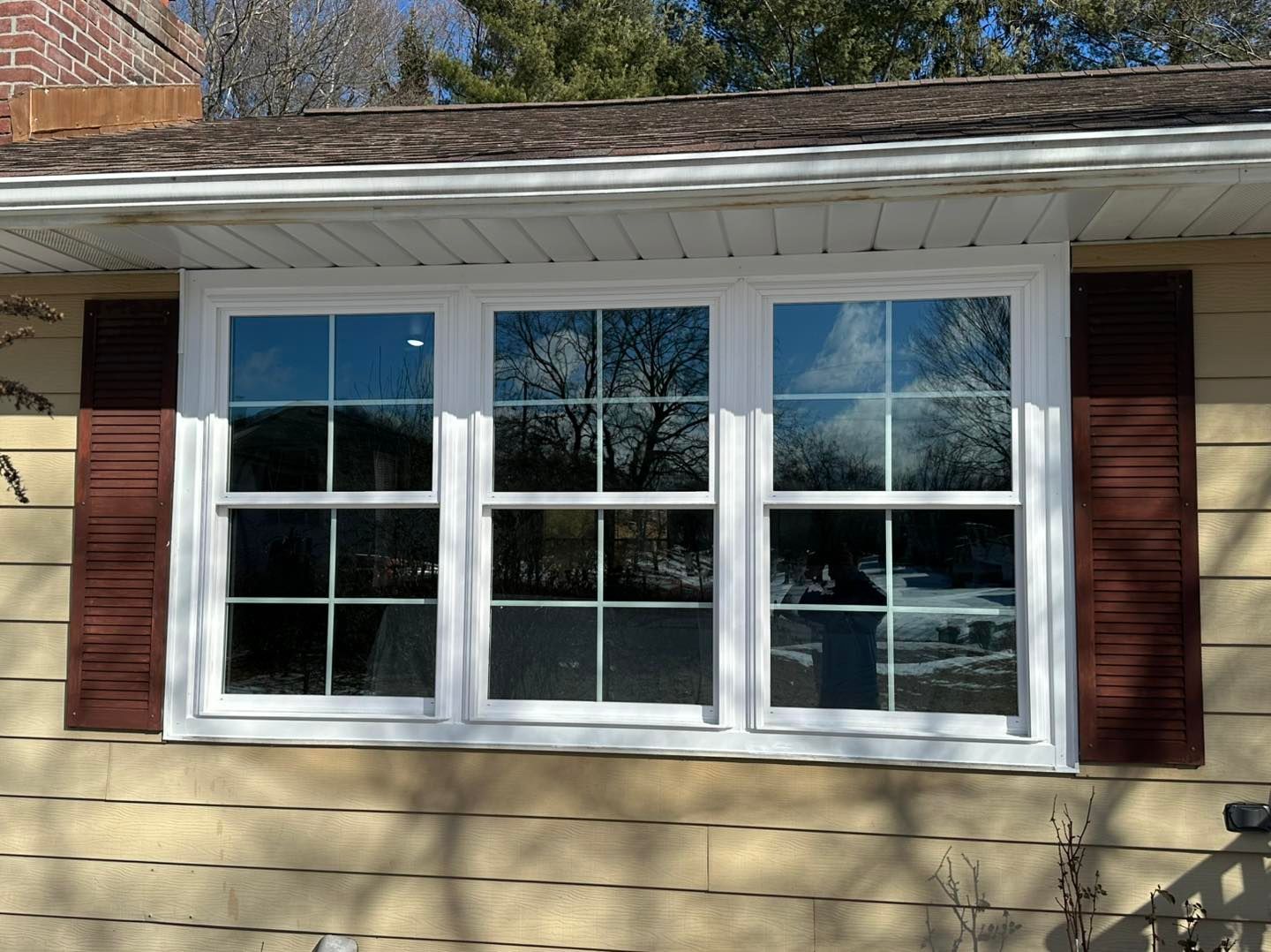 Three white-framed windows with dark shutters on a beige house, reflecting trees and sky.