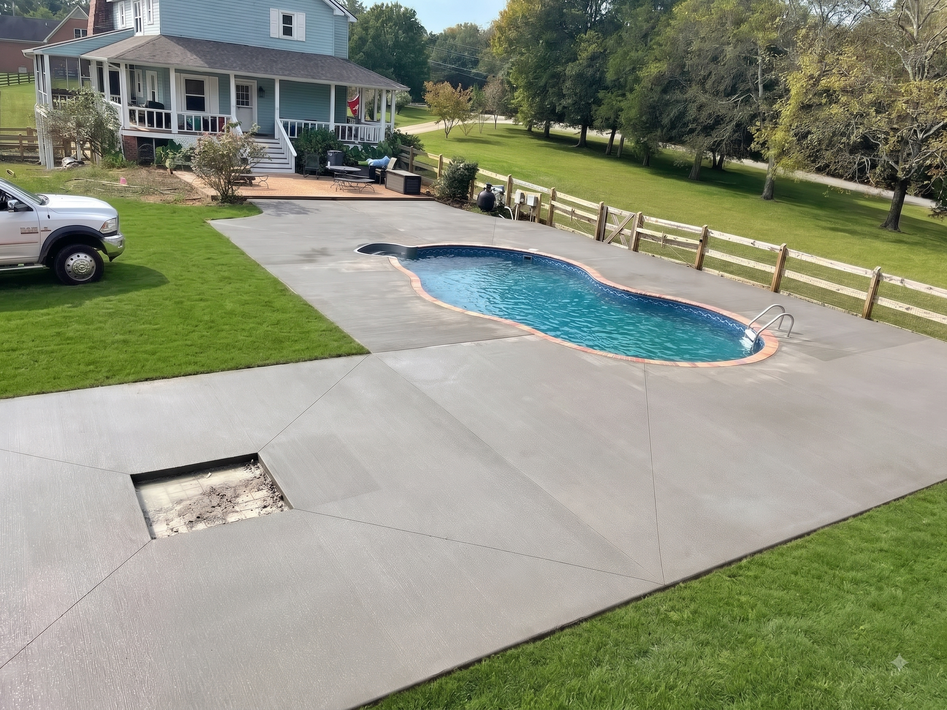 Driveway beside a gray house with a brick patio, lawn, and trees in the background.