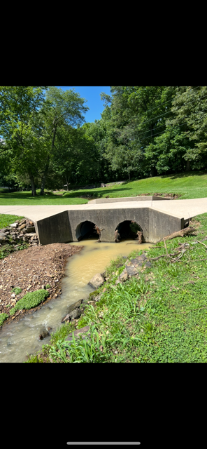 Concrete culvert under a path, with muddy water flowing through a small creek in a green park