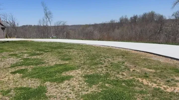 Curving white paved path beside a grassy field and leafless trees under a clear sky