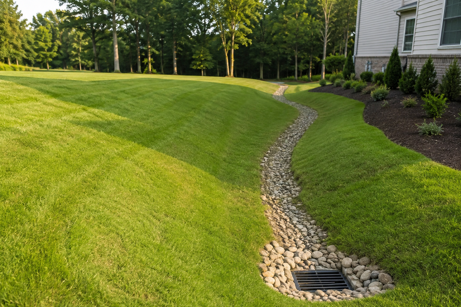 Driveway beside a gray house with a brick patio, lawn, and trees in the background.