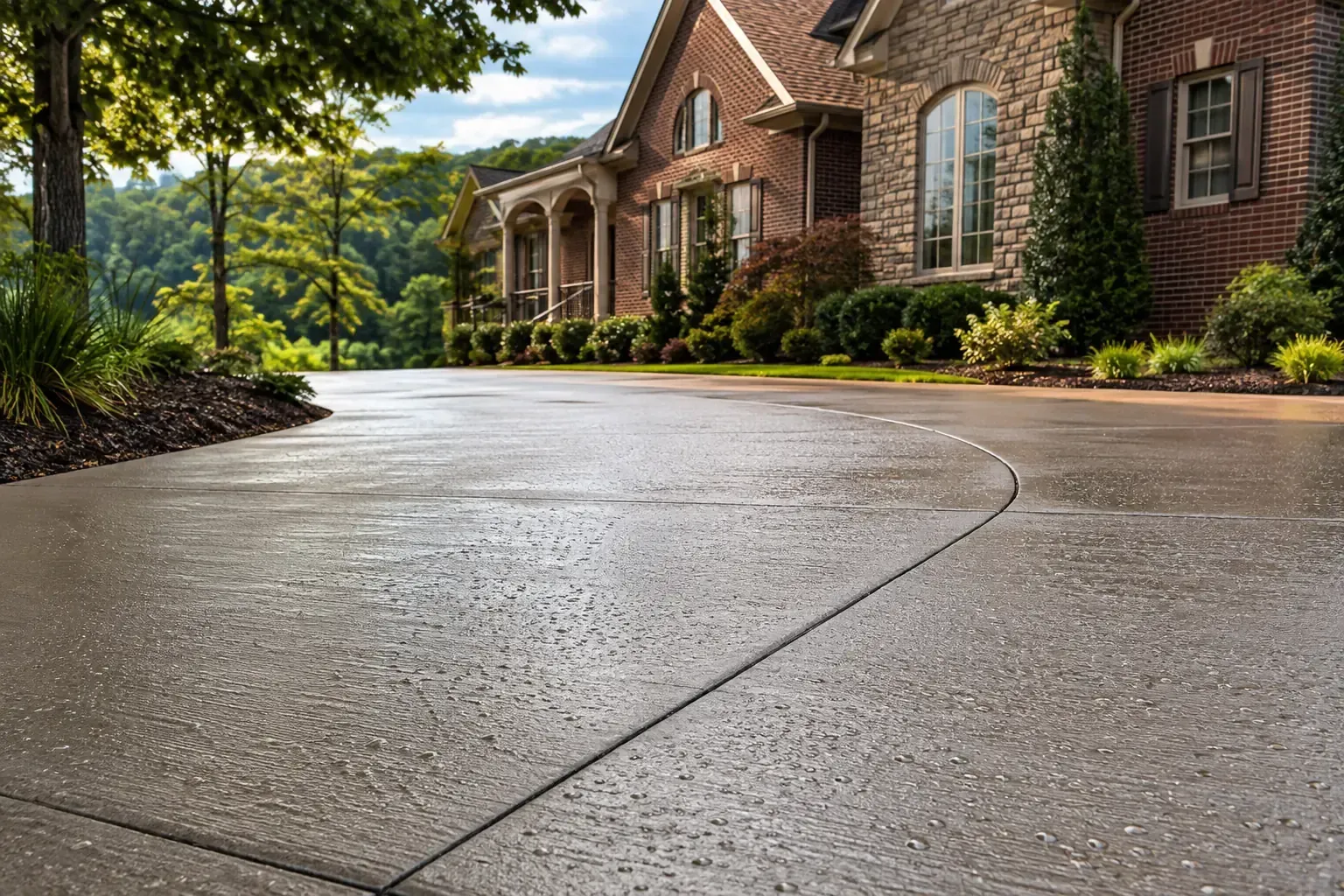 Driveway beside a gray house with a brick patio, lawn, and trees in the background.