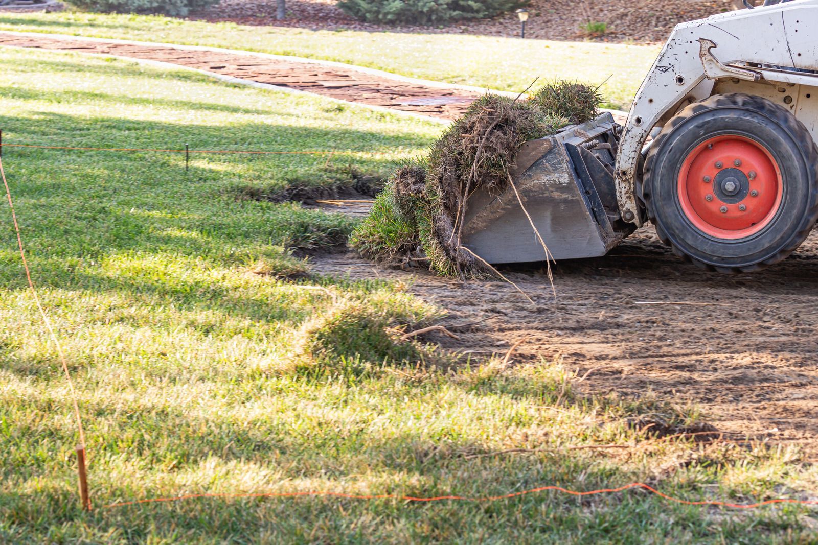 Skid steer loader pushing a dirt pile across a grassy yard in sunlight