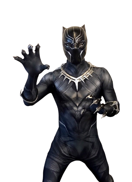 A man in a black panther costume is standing on a white background.