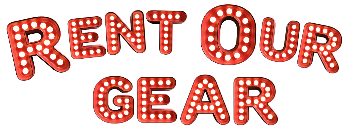 A red sign that says rent our gear on a white background