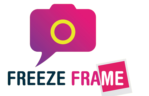 A logo for freeze frame with a camera and speech bubble