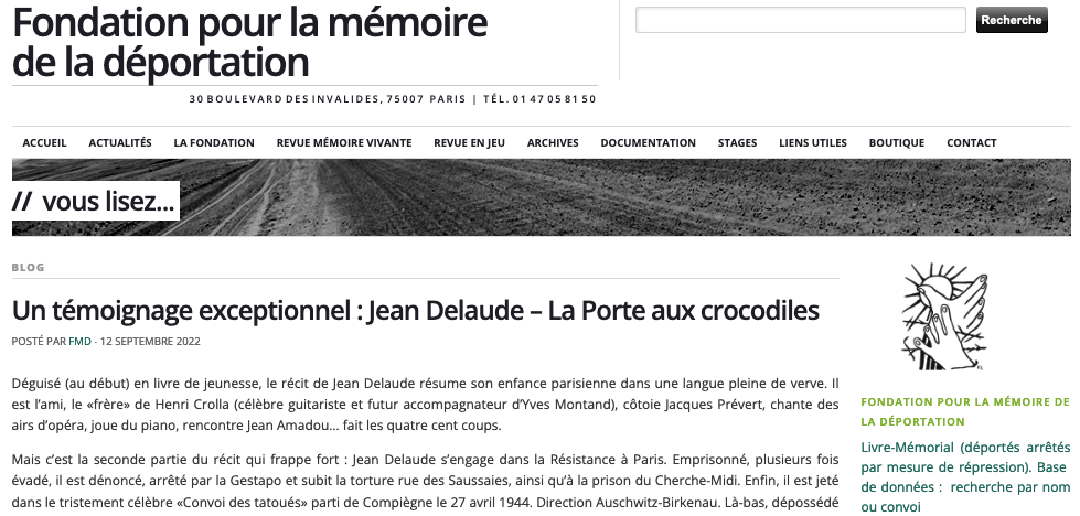 article sur Jean Grandelaude, prisonnier à Auschwitz, site Fondation pour la Memoire Deportation