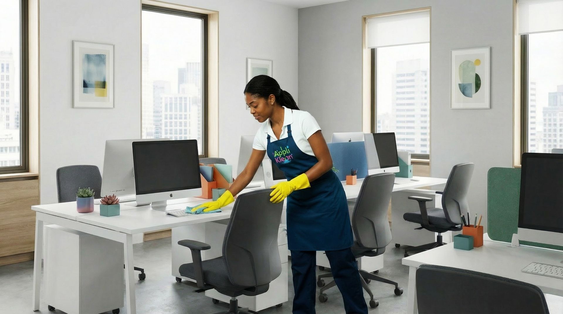 Woman in apron and gloves cleaning an office desk with a cloth.