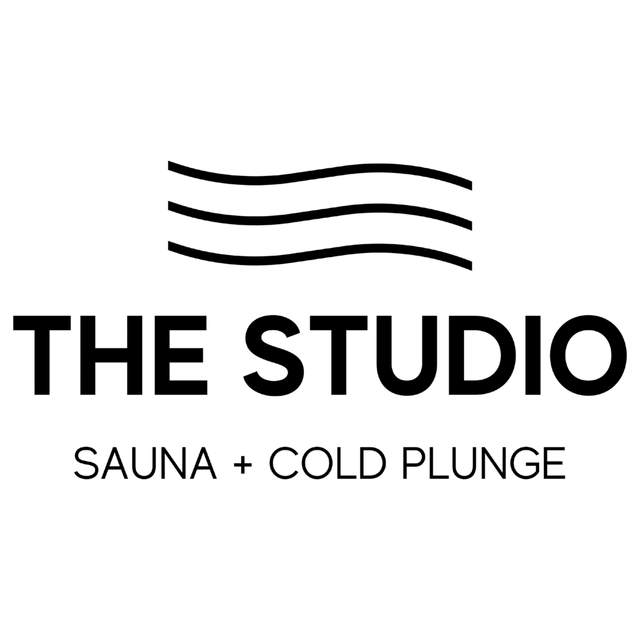 Logo for THE STUDIO, with wavy lines above and “SAUNA + COLD PLUNGE” beneath on a white background