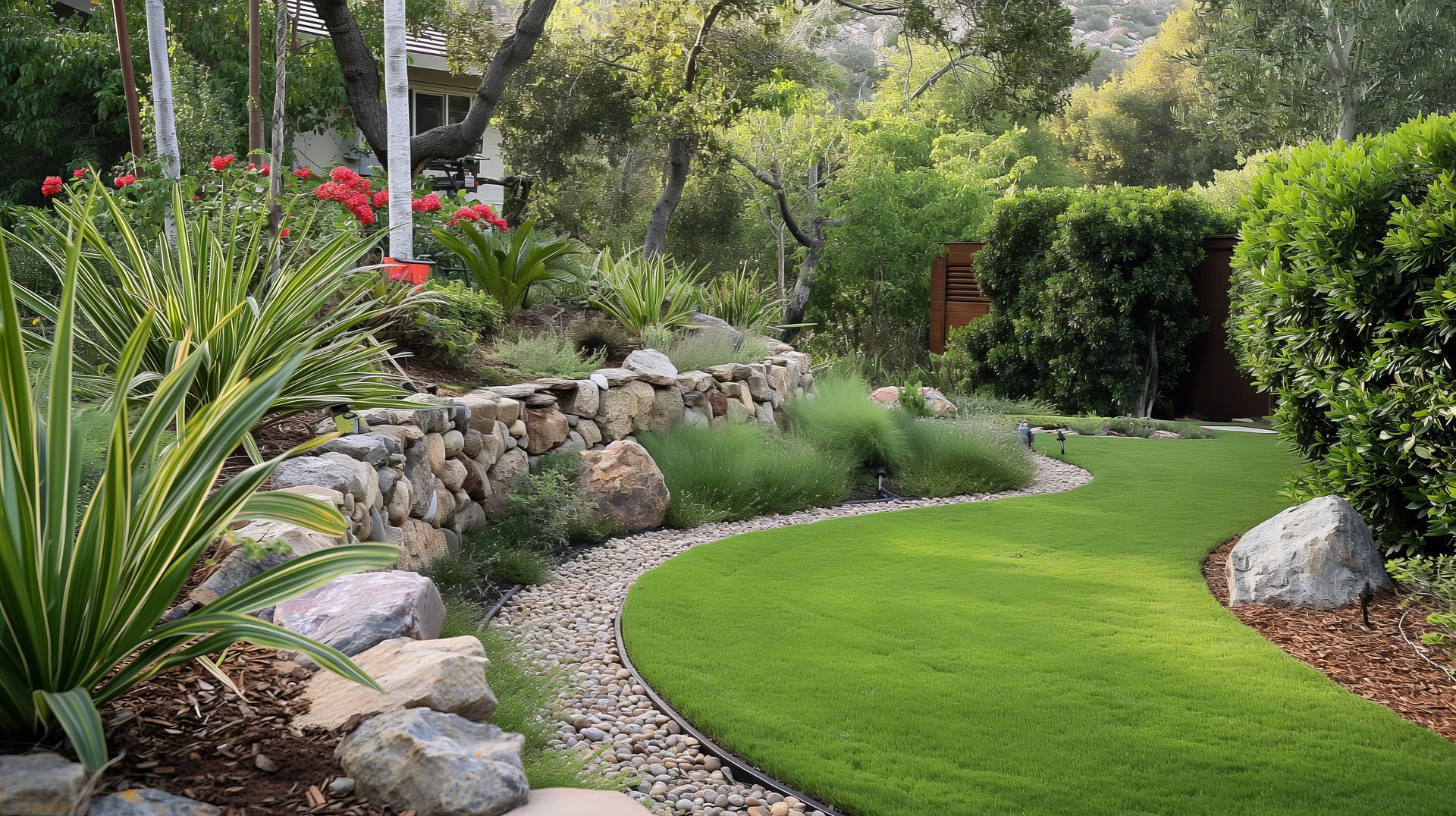 A well-maintained lush green lawn with rocks and plants. A well-maintained lush green lawn with rocks and plants.
