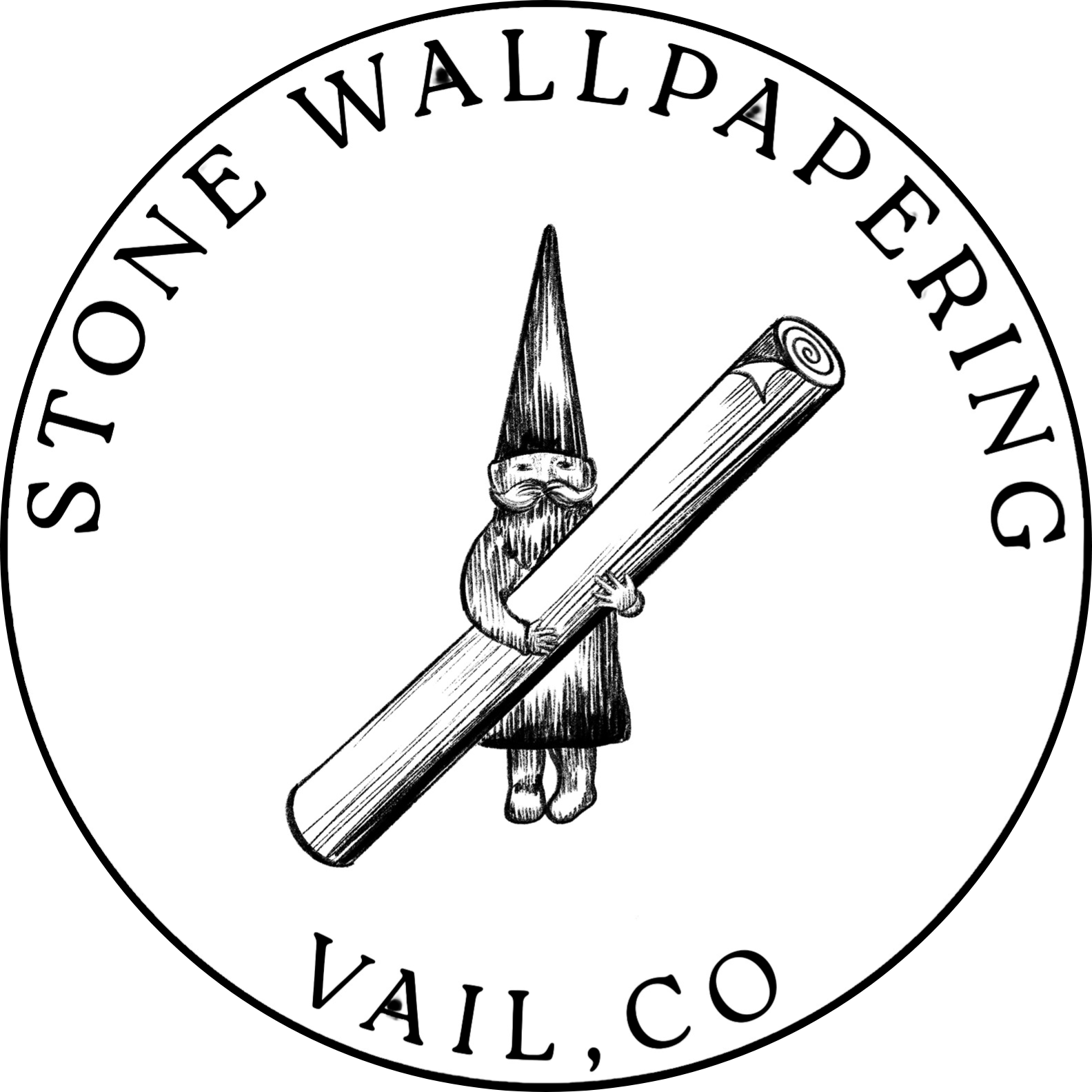 Stone walling logo with a gnome holding a brick, text reading “STONE WALLPAPERING VAIL, CO”