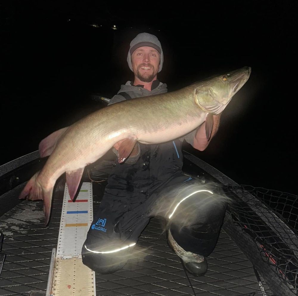 Man kneels in boat, holding large muskie fish. Night setting, dark with light reflections.