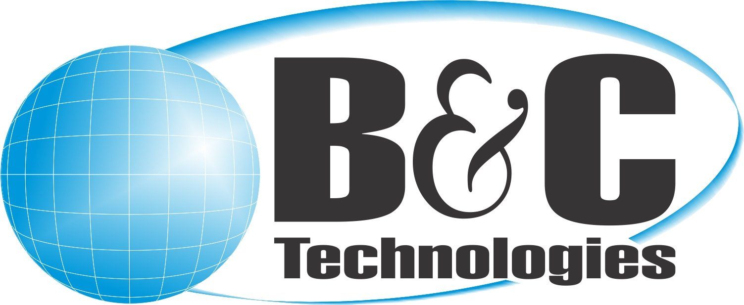 A logo for b & c technologies with a globe in the background