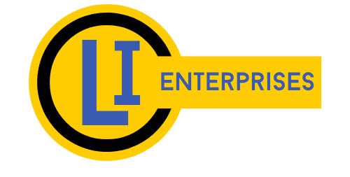 A yellow and blue logo for l enterprises