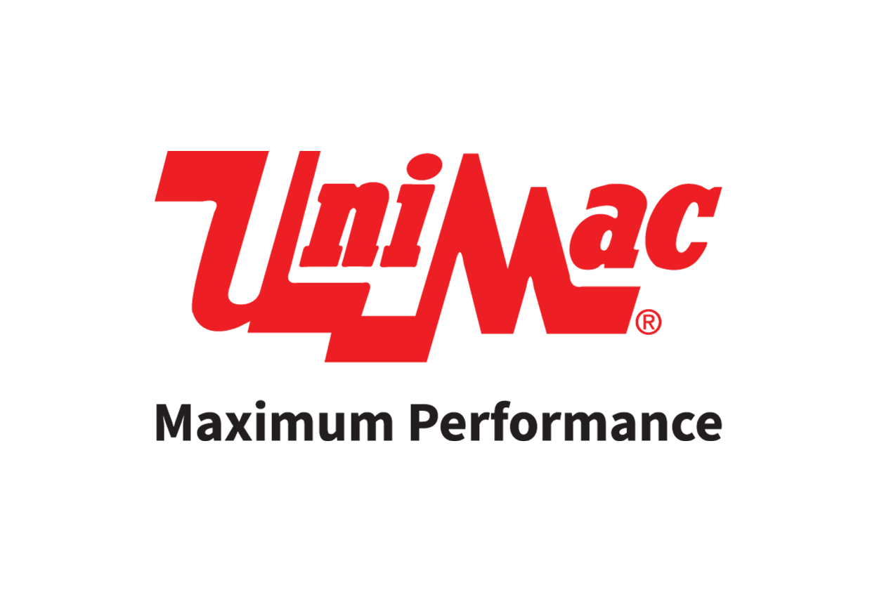The logo for unimac maximum performance is red and black.