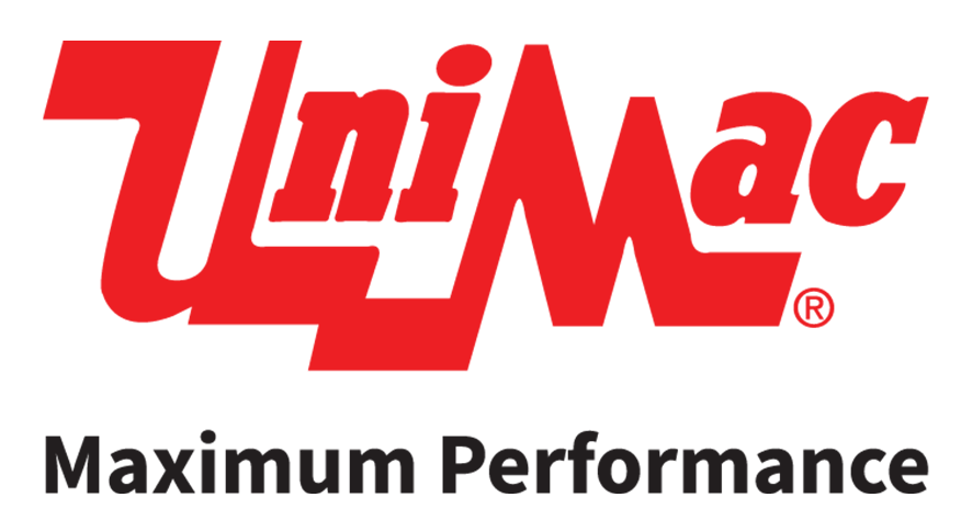 A red and white logo for unimac maximum performance