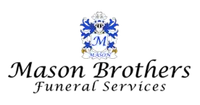 Mason Brothers Funeral Services logo with blue crest and black script text on white background