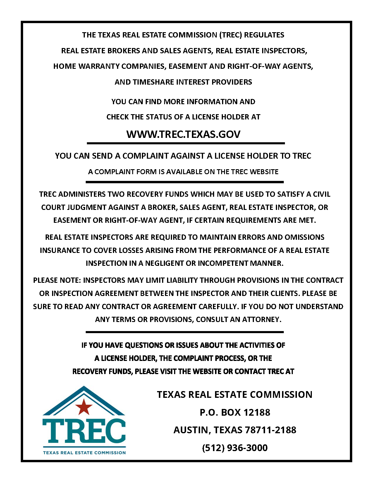 Texas Real Estate Commission (TREC) notice with text about regulations, and contact info.