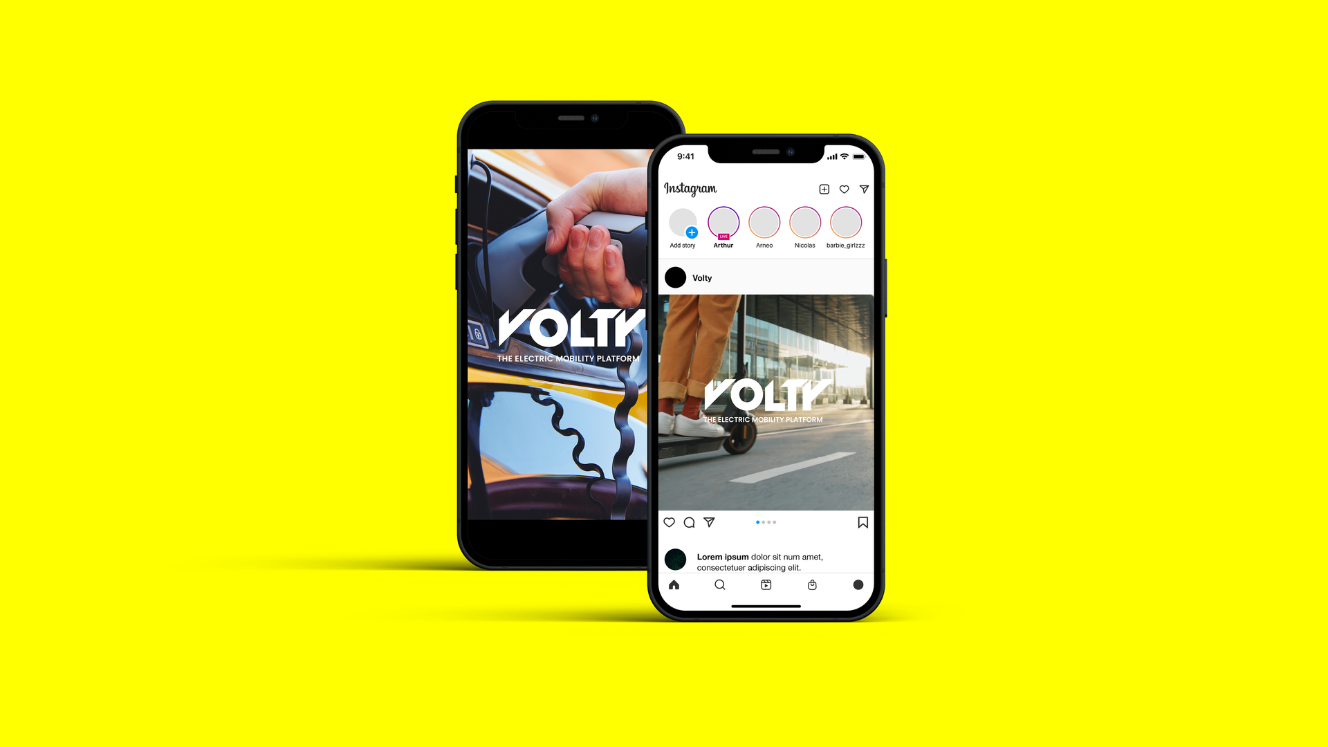 Two phones are sitting next to each other on a yellow background.