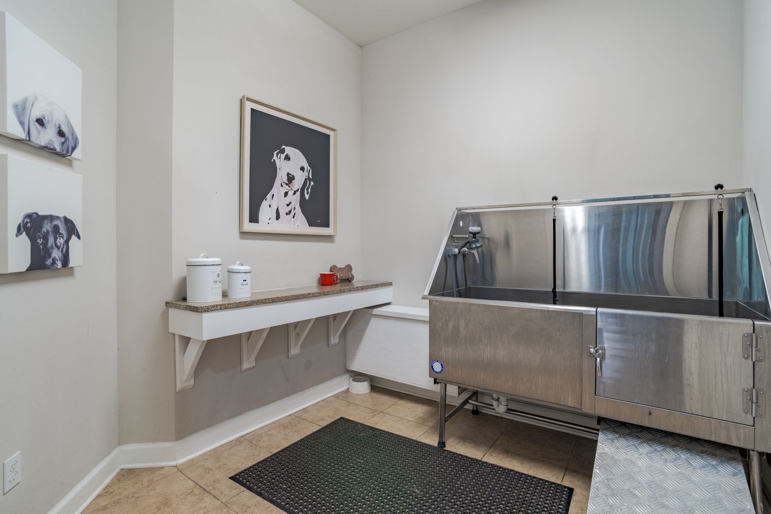 Dog wash station with stainless steel tub, artwork, and counter at The Vive at Kellswater.