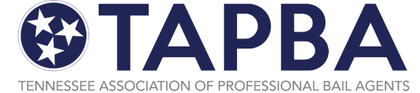 Logo for the Tennessee Association of Professional Bail Agents with dark blue letters and a Tennessee flag circle icon.