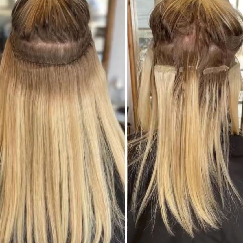 Hair extensions being applied to blonde hair, showing attachment methods near the scalp.