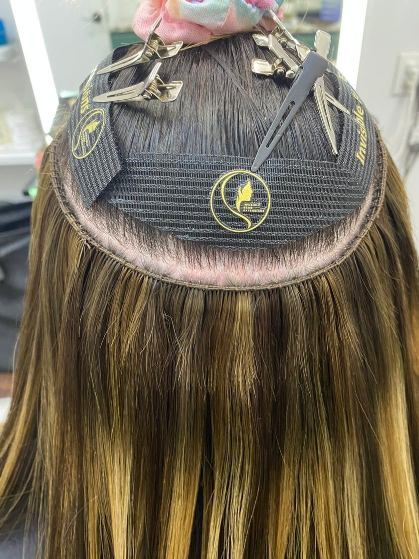 Hair extensions being applied; clips hold hair away from the scalp, with visible extension wefts sewn in.