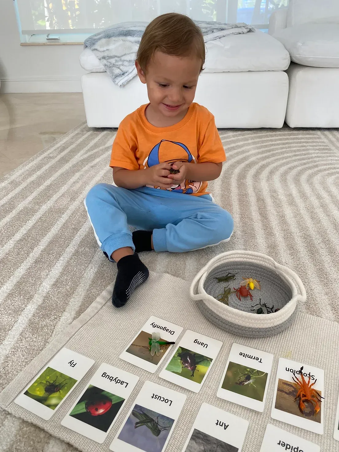 A young boy is sitting on the floor playing with cards and a bowl of water.