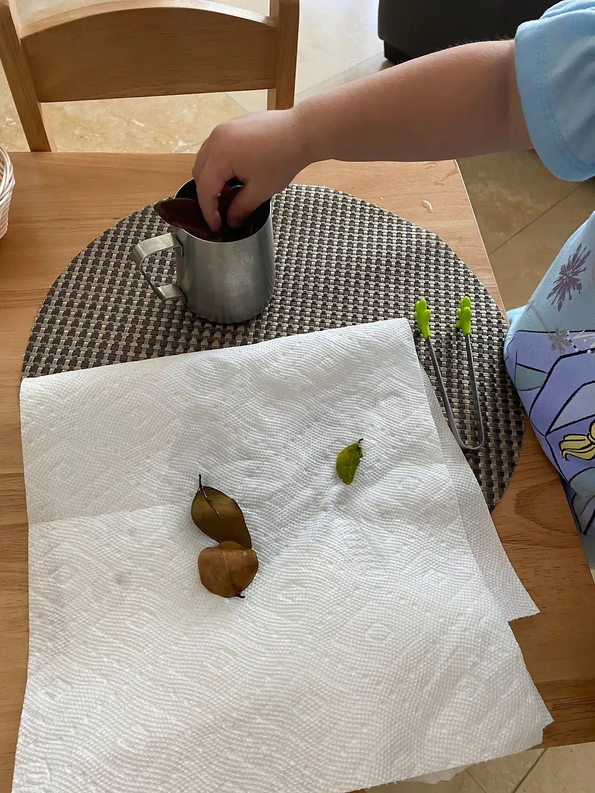A child is playing with leaves on a paper towel on a table.