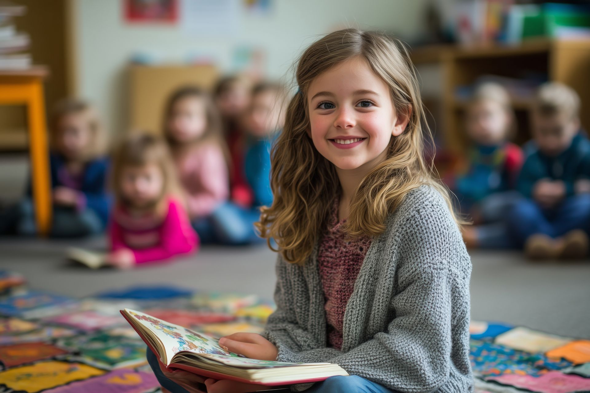A young girl is sitting on the floor reading a book in a classroom.