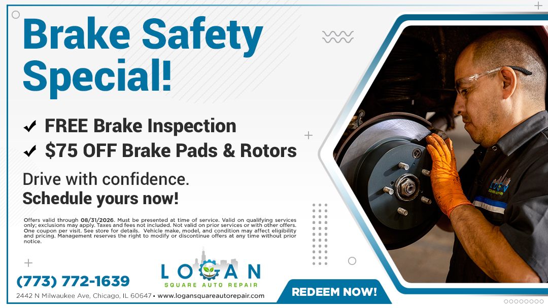 Brake Safety Special Brake Safety Special ad with mechanic inspecting car brakes, blue and white text, free brake inspection, and rotors deal