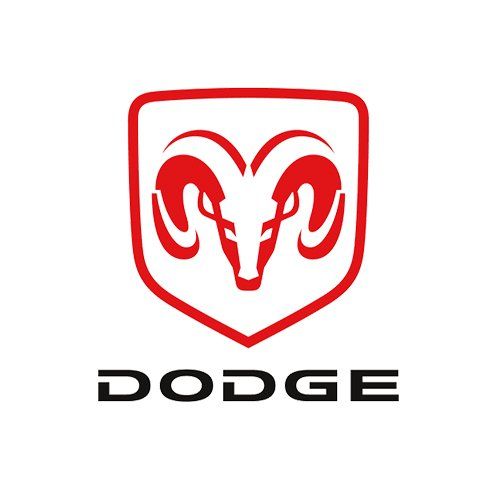 A red dodge logo with a ram head on a white background.