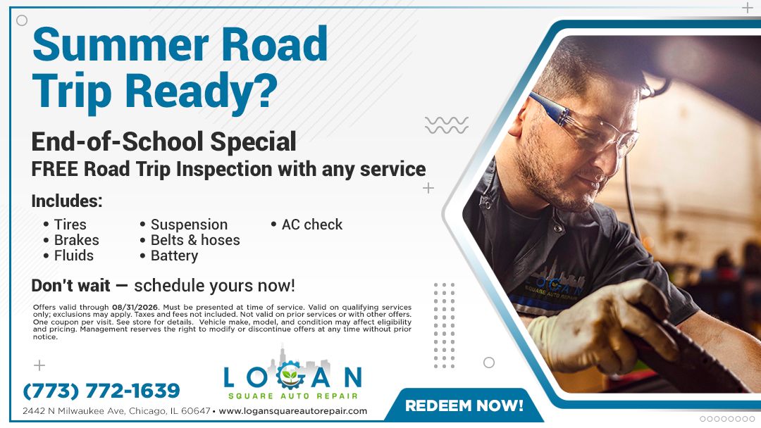 Summer Road Trip Ready? End-of-season special for free road trip inspection; mechanic fixes a tire.