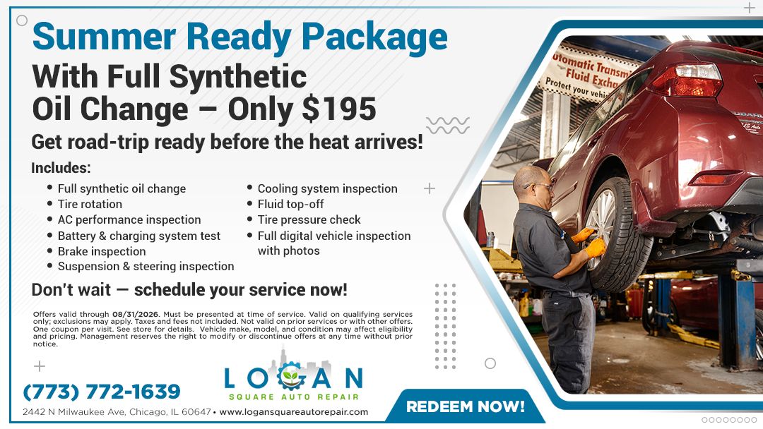 Blue auto service ad for a summer-ready package, oil change only $195, with a car on a lift and Logans logo