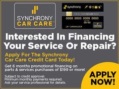 Synchrony Car Care financing ad with gray background and yellow “Apply Now” circle to the right