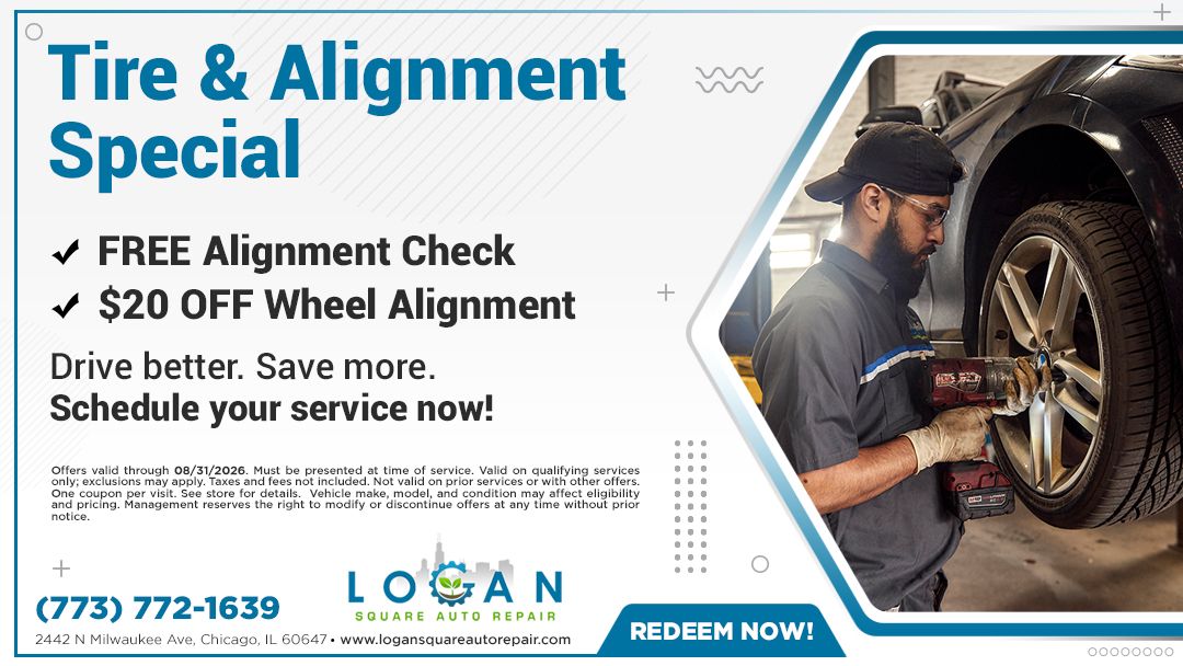 Blue car-service ad for tire and alignment special, with mechanic working on a wheel and a “Book now” callout.