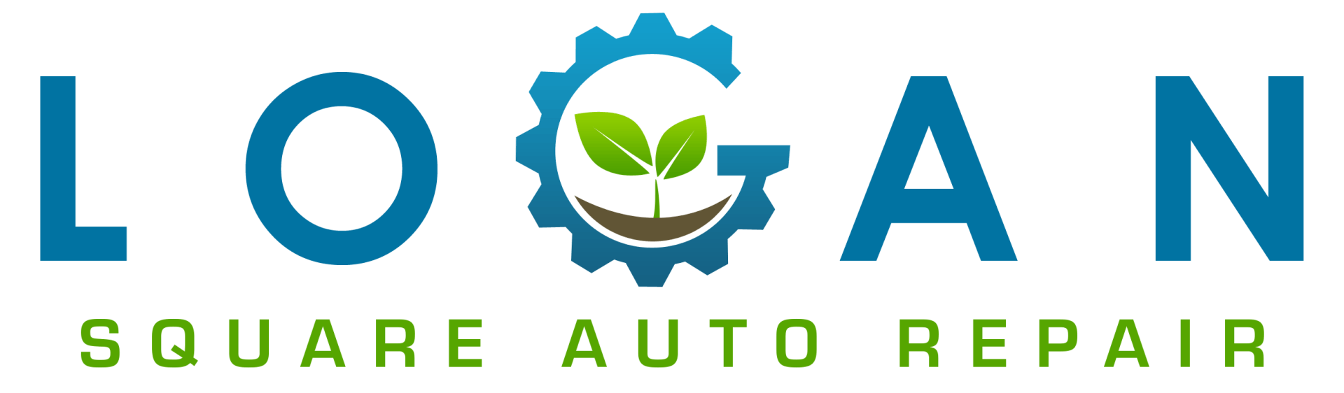 Logan square auto repair logo with a gear and a plant