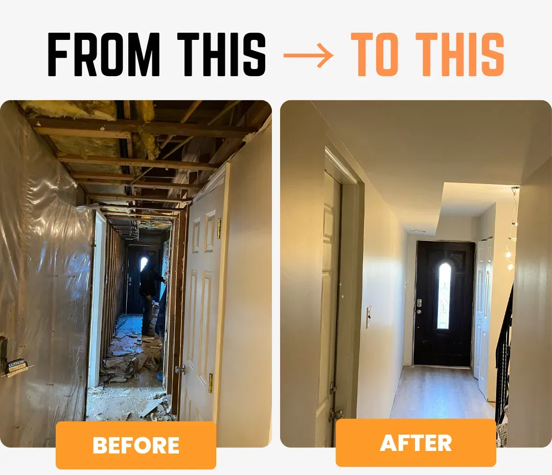 drywall installation and finishing hallway transformation before and after in Montgomery PA by Oasis Painting & Drywall LLC